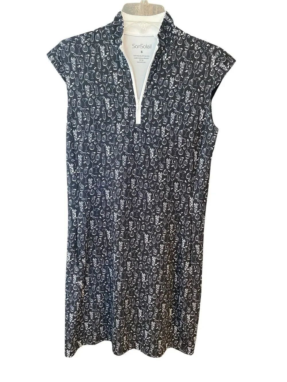 SanSoleil Sz S Black Cocktail Print Quarter Zip UV 50 Golf Tennis Pockets Dress